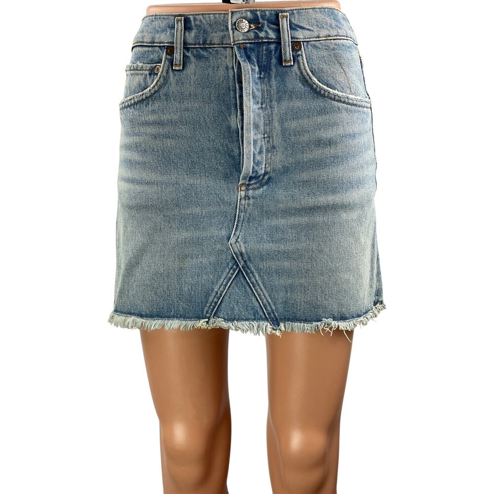 Agolde Women's Blue High Waisted Raw Hem Cut Off Mini Denim Jean Skirt Size S